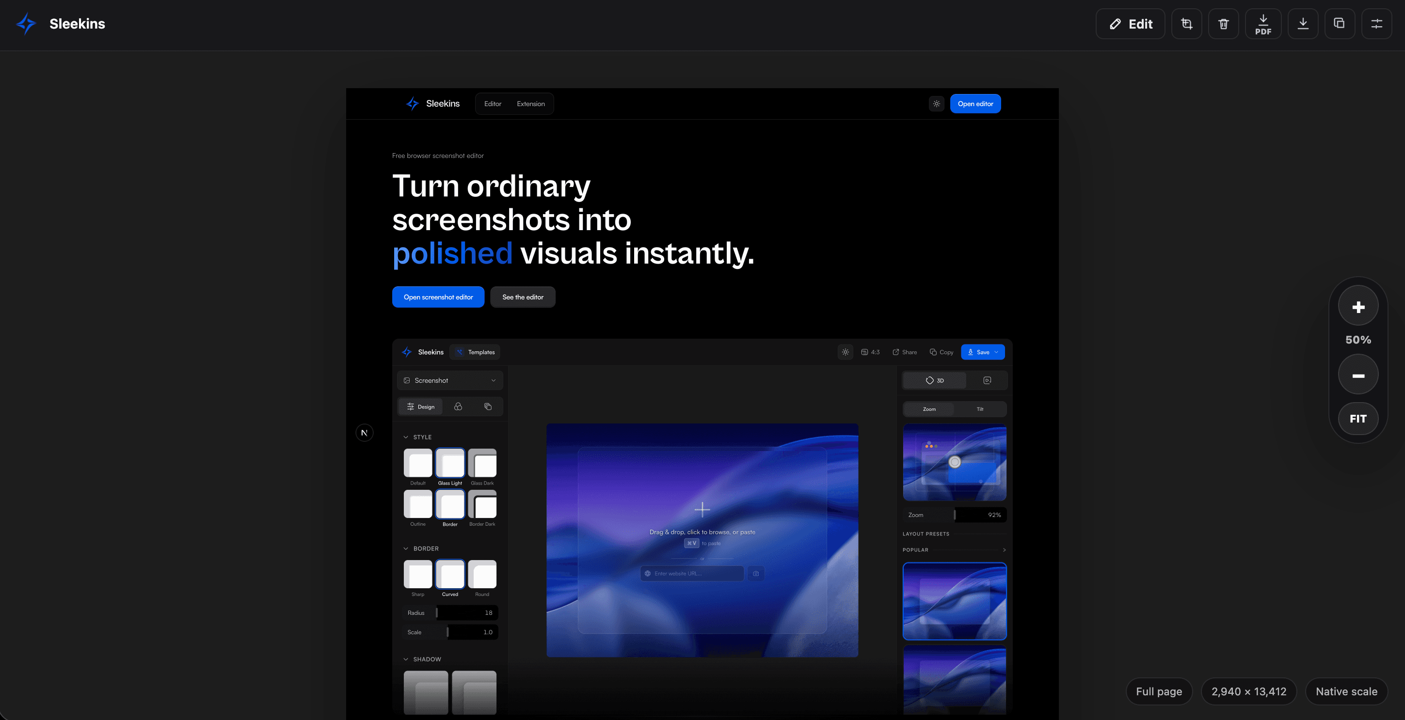 Sleekins full-page Chrome extension capture preview with the Sleekins homepage and editor