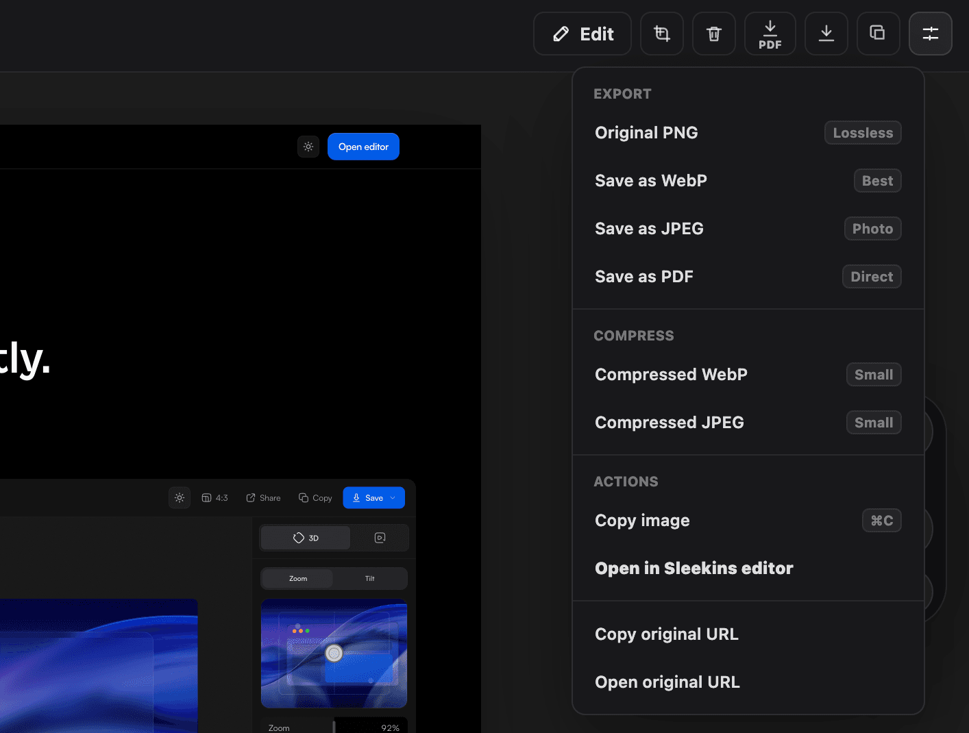 Sleekins extension export menu showing PNG, WebP, JPEG, PDF, compressed exports, and copy actions