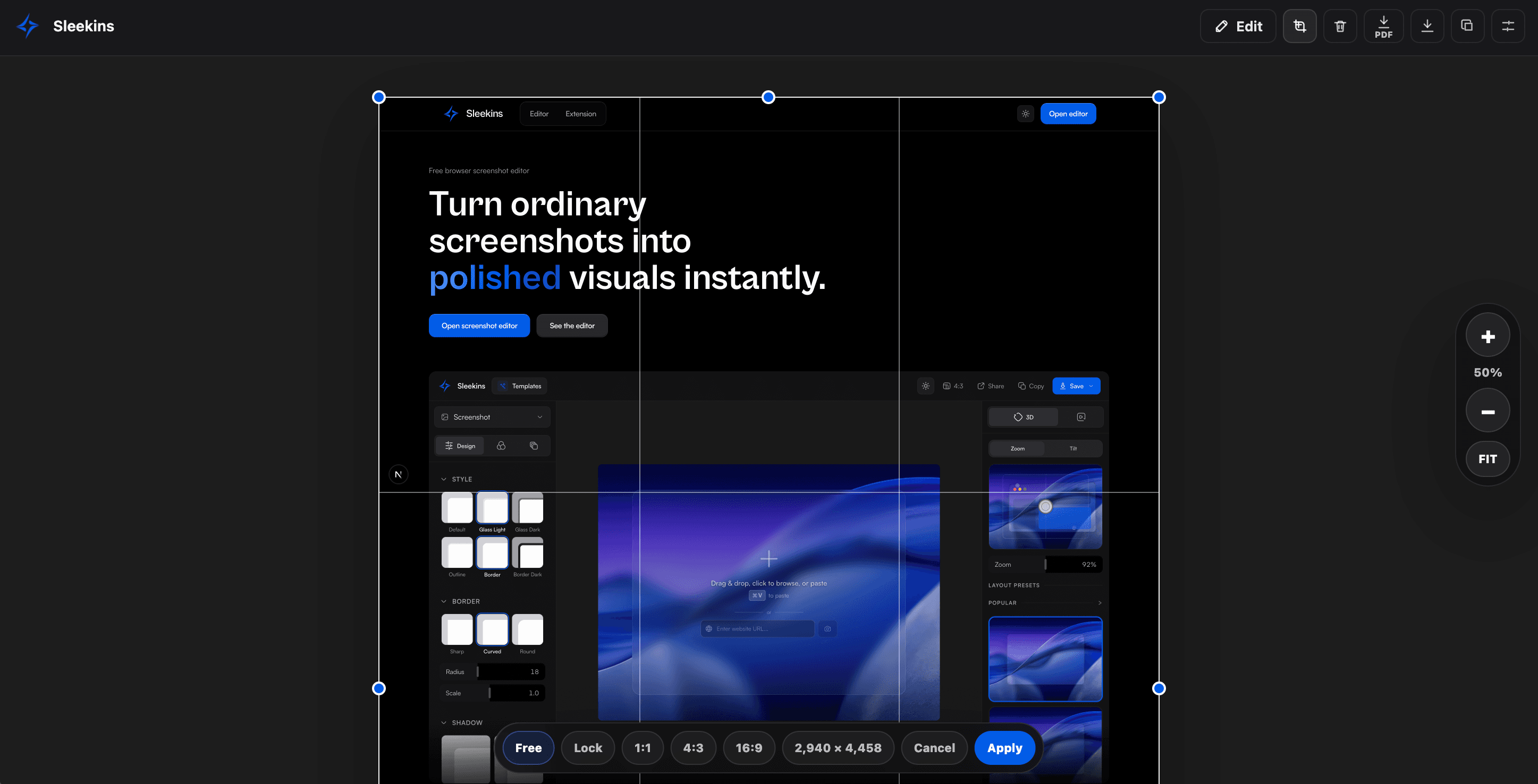 Sleekins extension preview with an active crop selection, aspect ratio controls, and apply button