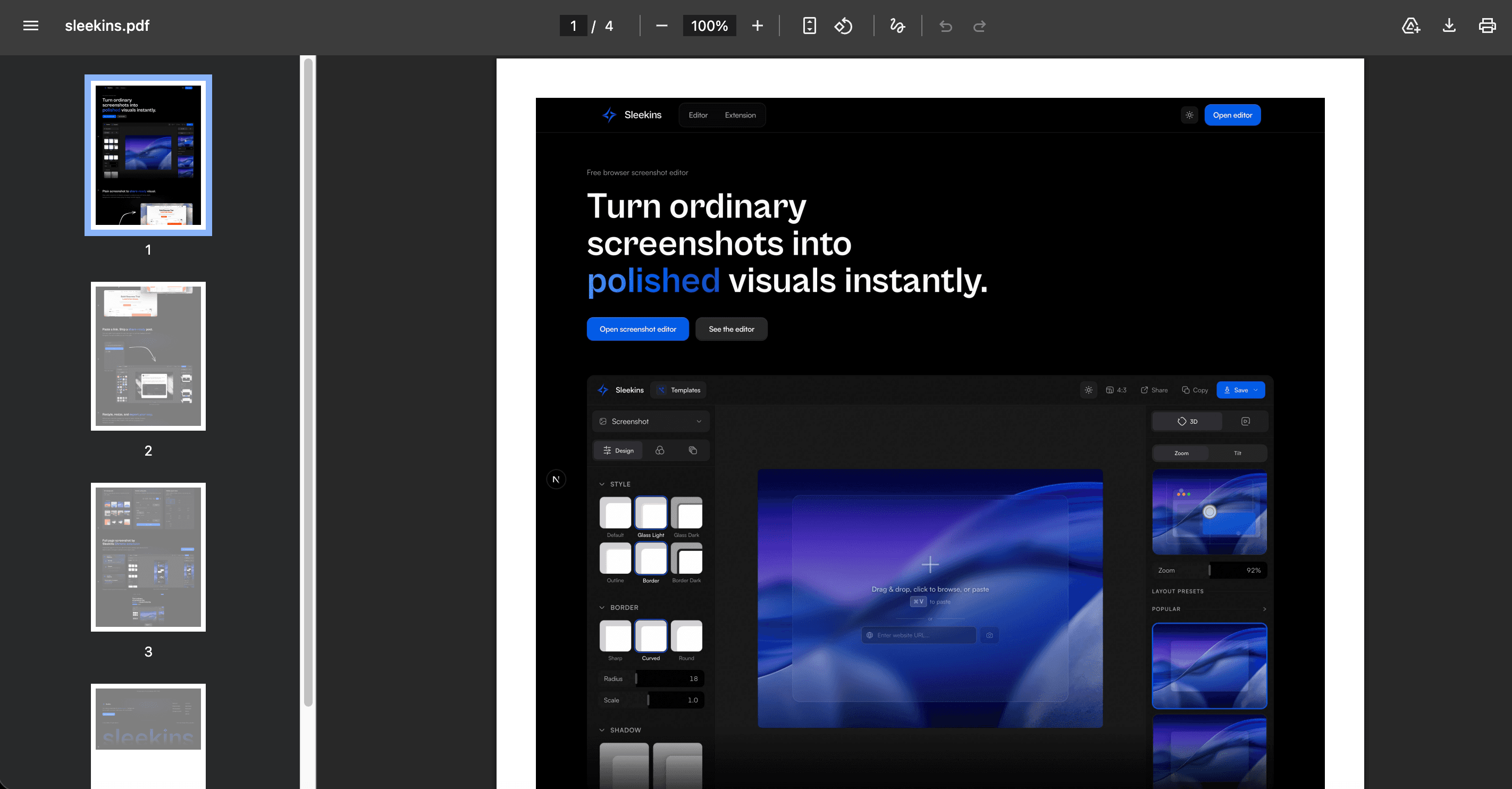 A multi-page PDF export of a full page Sleekins capture opened in a PDF viewer