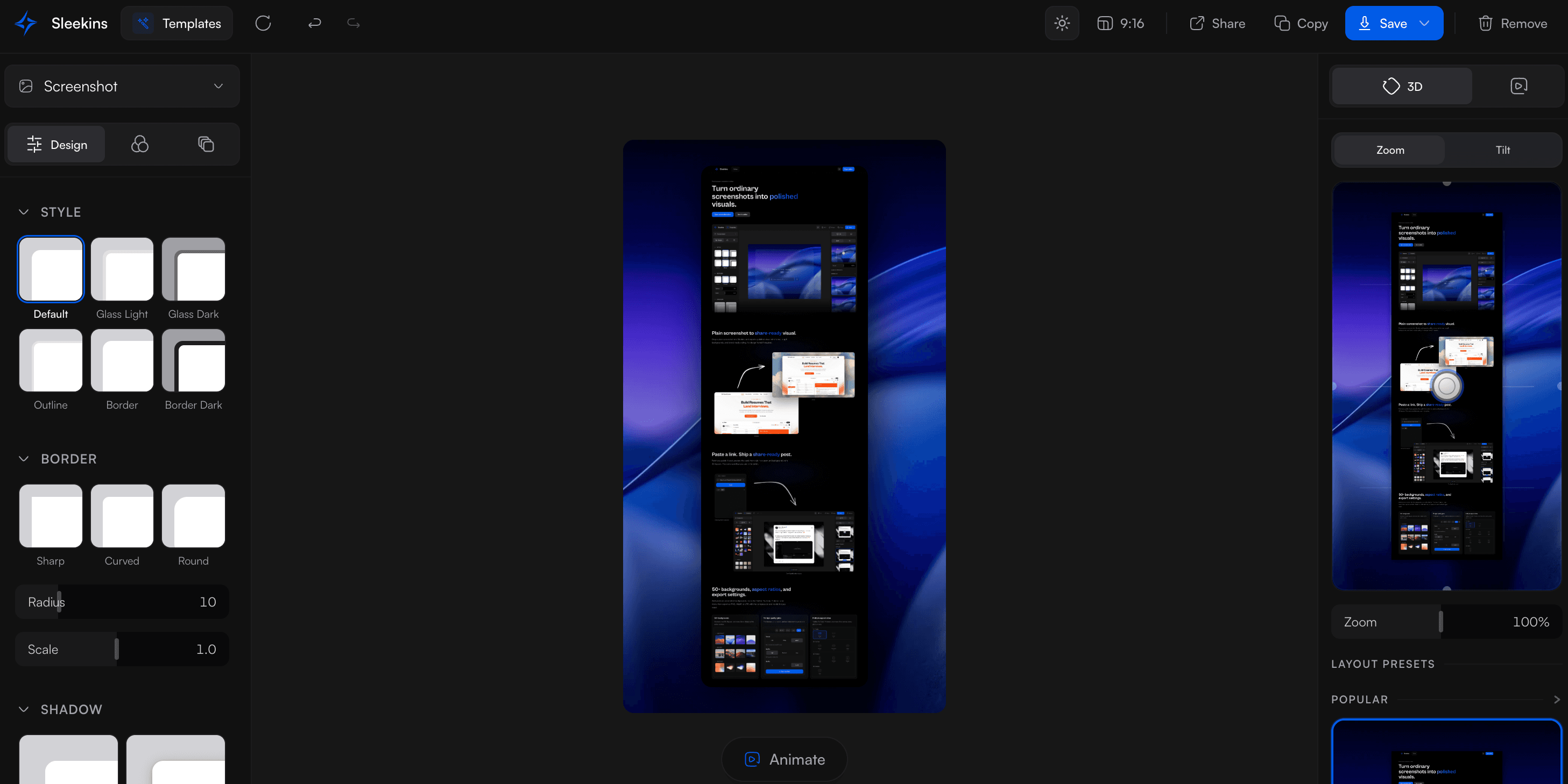 Long webpage capture opened directly in the Sleekins screenshot editor